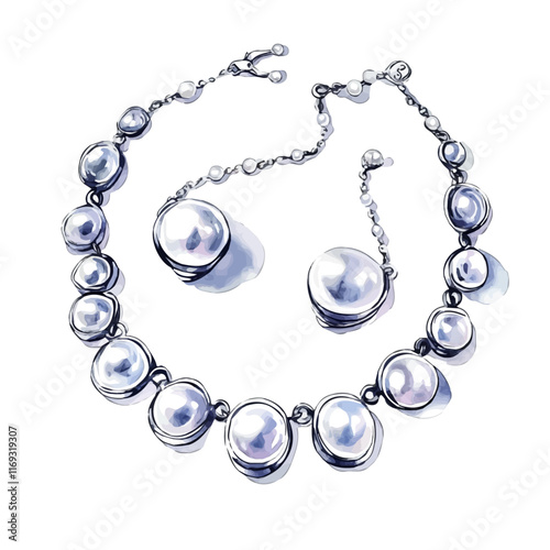 A watercolor vector painting of a modern silver jewelry set with pearl accents, isolated on a white background. Modern silver jewelry set vector.


