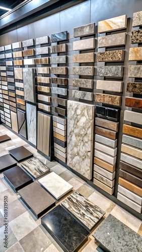 store stone sample display with floor tiles and countertop
