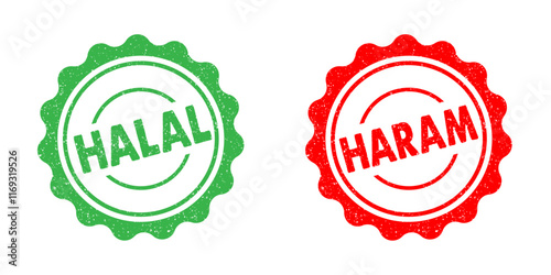 Halal Haram food green red ink rubber stamp seal badge grunge effect tag vignette permited or prohibited food goods products islamic finance business
