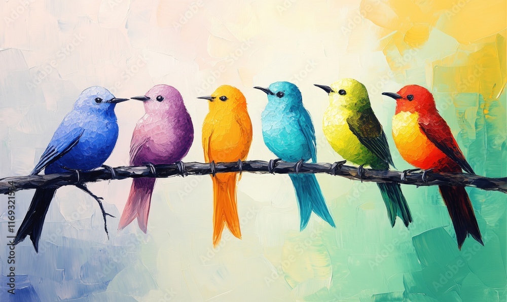 Obraz premium Colorful birds perched on branch, vibrant hues of blue, purple, orange, yellow, green, and red, artistic representation of nature's beauty