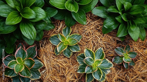  Small plants nestled in straw mulch, providing natural insulation for roots while conserving moisture, promoting healthy growth in an eco-friendly gardening setup. photo