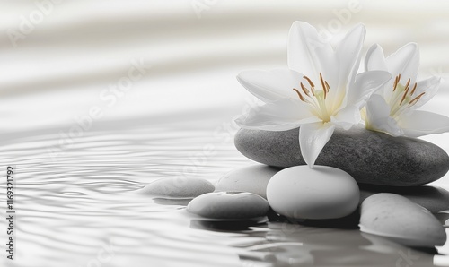 Serene white lilies atop smooth stones in tranquil water, creating a peaceful and calming atmosphere