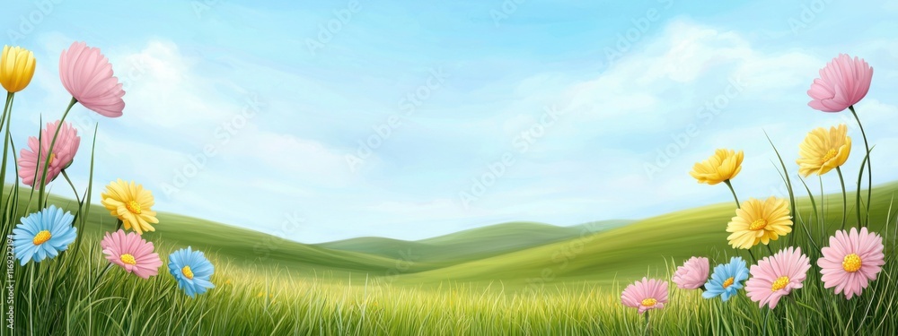 Fototapeta premium A vibrant spring meadow filled with blooming wildflowers in shades of pink, yellow