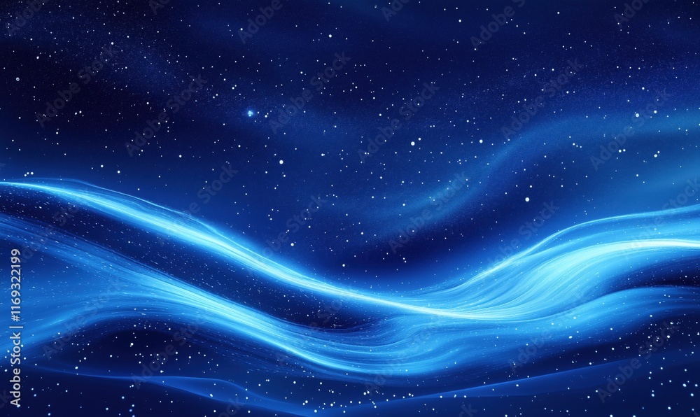 Fototapeta premium Cosmic Blue Waves with Starry Background, Ethereal Light Trails, Deep Space Aesthetic, Abstract Digital Art