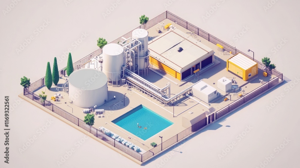 Industrial Facility with Pools and Storage Tanks in Modern Design Industrial Facility with Pools and Storage Tanks in Modern Design