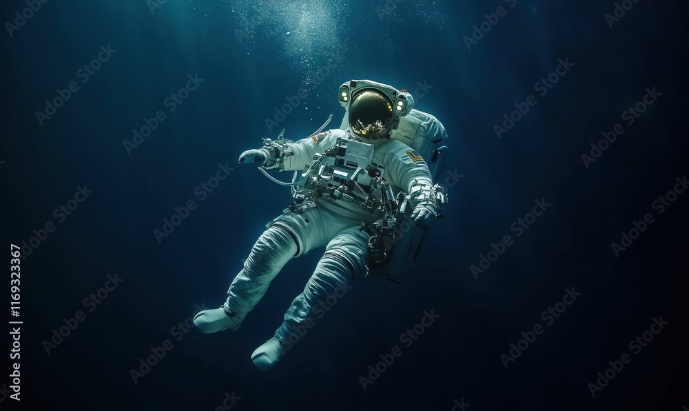 Fototapeta premium Astronaut floating in deep ocean, exploring underwater environment, wearing space suit, bubbles rising, serene atmosphere, light rays penetrating water