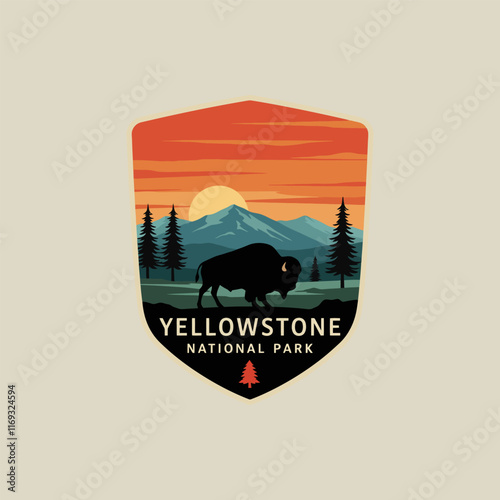 A stylized graphic depicting a bison silhouetted against a sunset over the mountains of Yellowstone National Park.