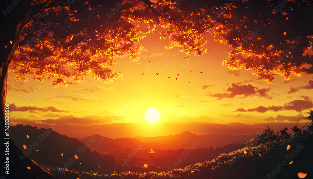 Fototapeta premium Autumnal Sunset Over Distant Mountains And Tree