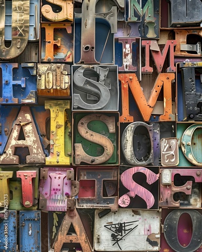 Colorful assortment of vintage metal letters showcasing various styles and sizes in an artistic arrangement