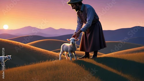 Shepherd Tending to a Lamb on Rolling Hills at Sunset with Warm Light and Serene Countryside Views

 photo