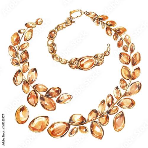 A watercolor vector painting of a modern gold jewelry set, isolated on a white background. Modern gold jewelry set vector.

