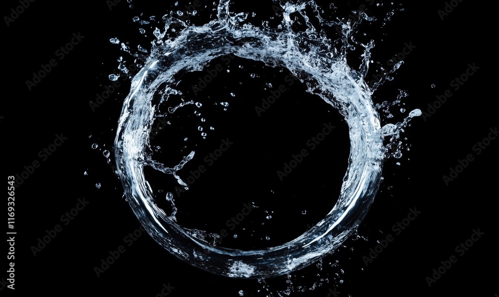 Obraz premium Water splash forming circular shape against black background, dynamic motion captured in high detail, showcasing fluidity and elegance