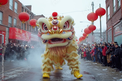 A Chinese dragon is performing a lion dance on the street, with red lanterns hanging on both sides photo