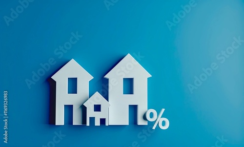 Concept of real estate market with white houses and percent symbol on blue background representing property value changes