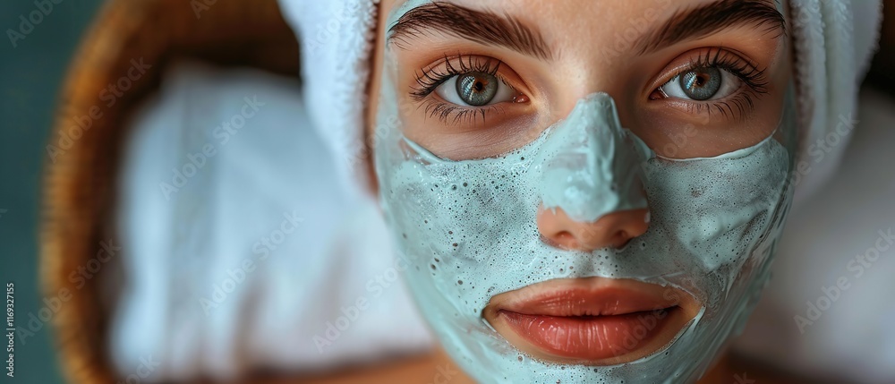 Fototapeta premium Woman enjoying professional skin care at beauty salon. Beautician at luxury spa resort applying moisturizing or peeling mask on face of young woman in white towel. 