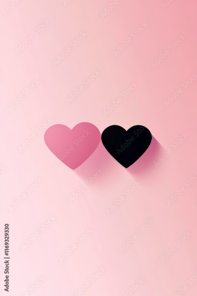 Two hearts in contrasting colors create a striking visual on a soft pink background Two hearts in contrasting colors create a striking visual on a soft pink background