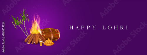 Lohri festival illustration featuring a bonfire, traditional dhol player, and Punjabi woman dancing