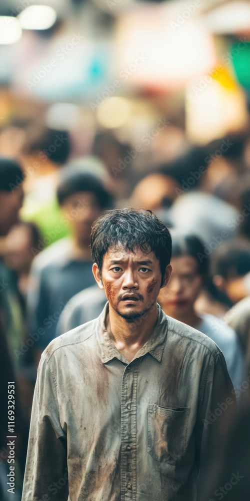 Determined Asian man standing amidst city crowd Determined Asian man standing amidst city crowd