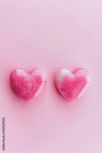 Decorative pink hearts placed on a soft pink background for a vibrant and romantic aesthetic