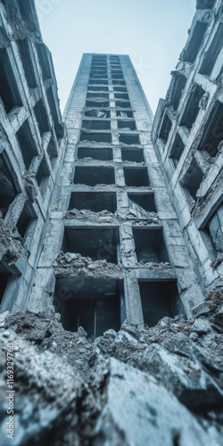Abandoned urban ruins of a dilapidated building with a modern perspective