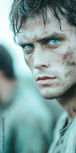 Intense gaze of a young Caucasian man with dirt covered face in dramatic lighting