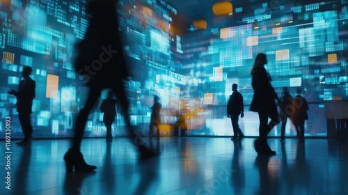 Blurred people in motion in front of a digital stock market display with graphs.