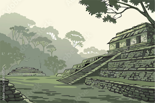 A wide shot of the ruins of a Mayan ballcourt, with the stone walls weathered and worn, surrounded by a dense, misty forest and the remnants of ceremonial structures