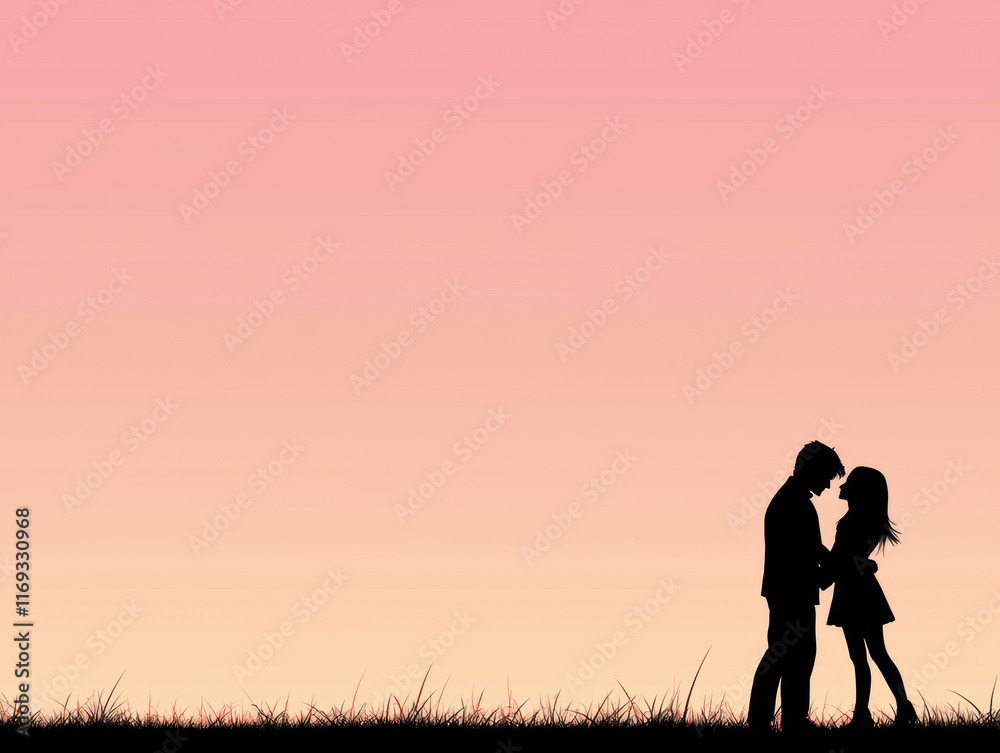 Silhouette of couple embracing at sunset with serene outdoor backdrop Silhouette of couple embracing at sunset with serene outdoor backdrop