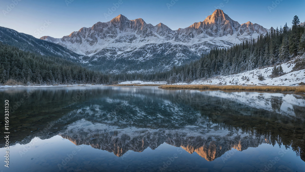 A mountain mirror lake with snow-capped mountains and forest. Reflection of the mountains. A mountain mirror lake with snow-capped mountains and forest. Reflection of the mountains.