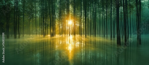 Sunlit  misty forest scene reflected in tranquil water.