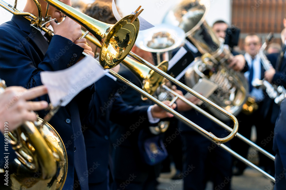 Obraz premium Band musicians with their instruments on the street. Typical music bands in Spain.