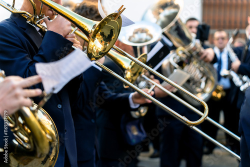 Band musicians with their instruments on the street. Typical music bands in Spain.