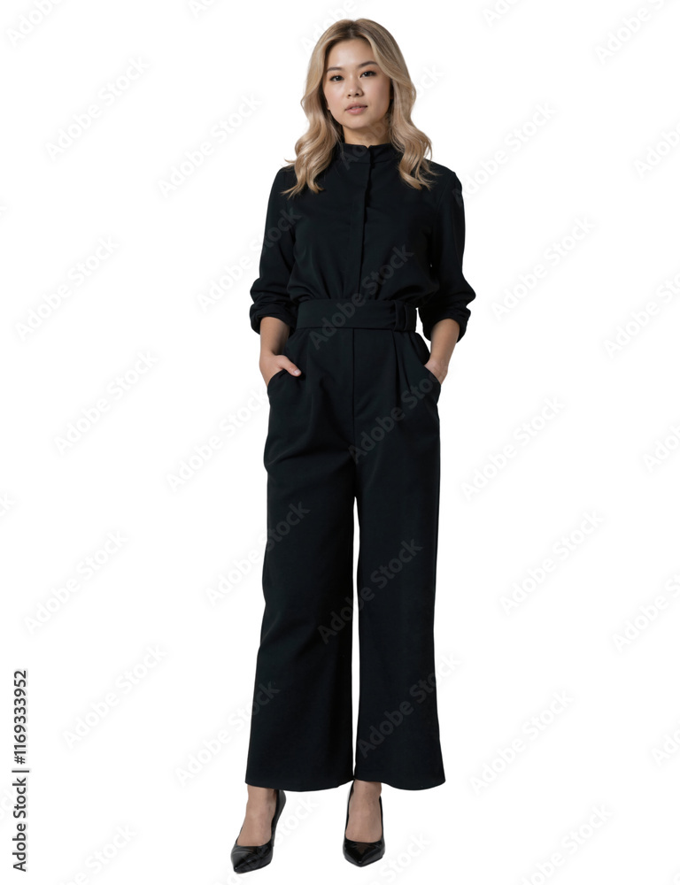 Asian woman with shoulder-length hair, wearing a black blouse and pants, and black ankle boots, standing confidently. Asian woman with shoulder-length hair, wearing a black blouse and pants, and black ankle boots, standing confidently.