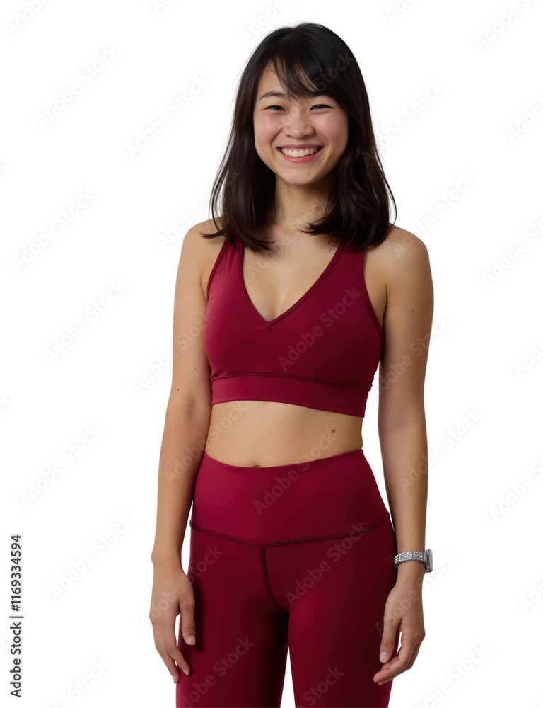 A smiling Asian woman with shoulder-length dark hair, wearing a maroon sports bra and matching leggings, stands against a white background. A smiling Asian woman with shoulder-length dark hair, wearing a maroon sports bra and matching leggings, stands against a white background.