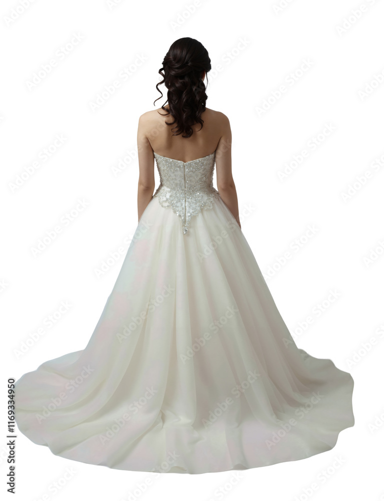 A woman in a strapless white wedding gown with a lace-up back stands facing away from a plain background. A woman in a strapless white wedding gown with a lace-up back stands facing away from a plain background.