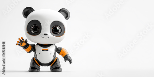 Cute 3d robot panda waving, isolated on a white background with copy space for text