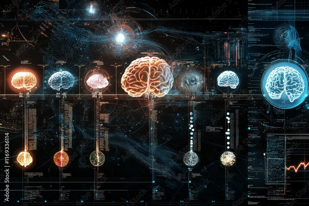 Fototapeta premium Digital brain scans, data streams, and codes.