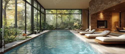 Wallpaper Mural Indoor pool with large windows overlooking a lush garden and comfortable lounge chairs. Torontodigital.ca