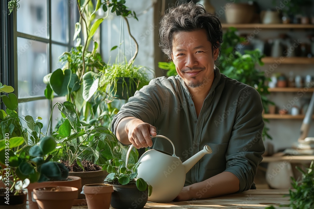 A man smiles while tending to his indoor gardening, using a watering can to care for his vibrant plants that flourish in a sunlit space. A man smiles while tending to his indoor gardening, using a watering can to care for his vibrant plants that flourish in a sunlit space.