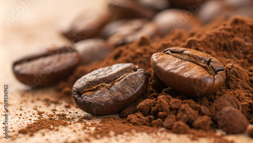 Coffee Bean and Ground Coffee Closeup  photo