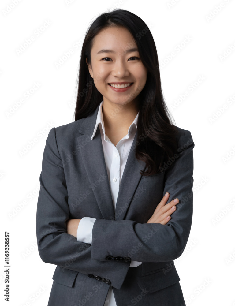 A smiling Asian woman in a navy blue suit and white blouse, hands together, against a light gray background. A smiling Asian woman in a navy blue suit and white blouse, hands together, against a light gray background.