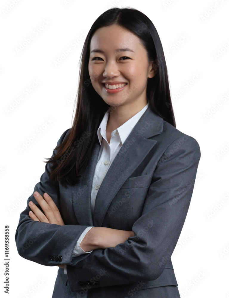 A smiling Asian woman in a navy blue suit and white blouse, hands together, against a light gray background. A smiling Asian woman in a navy blue suit and white blouse, hands together, against a light gray background.