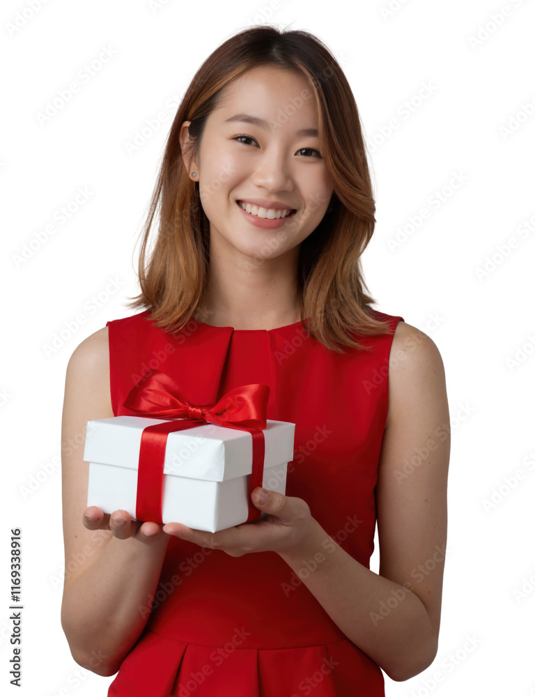 A smiling Asian woman with shoulder-length hair holds a red gift box, wearing a red sleeveless dress. A smiling Asian woman with shoulder-length hair holds a red gift box, wearing a red sleeveless dress.