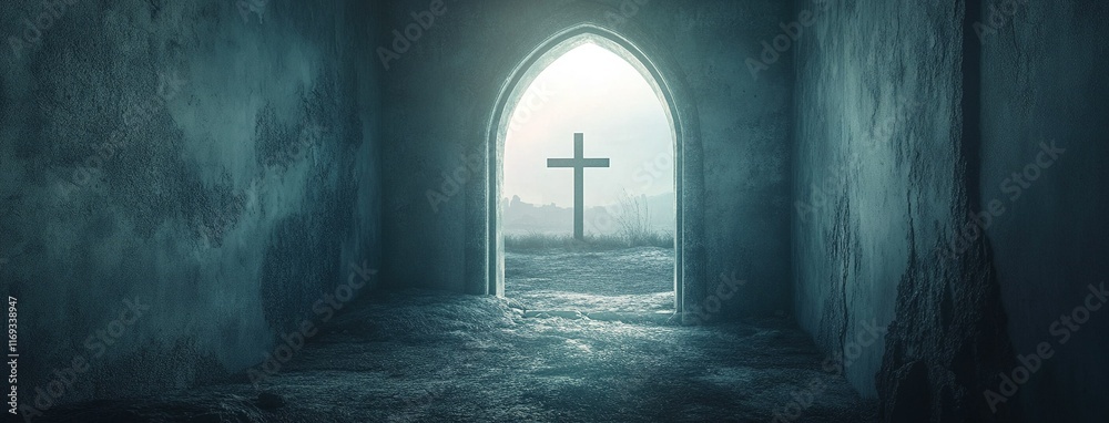 Obraz premium Entrance to a cave, an empty open grave with a cross outside, Easter day concept. An opening in a stone door leading to an outdoor Easter landscape. With copy space.