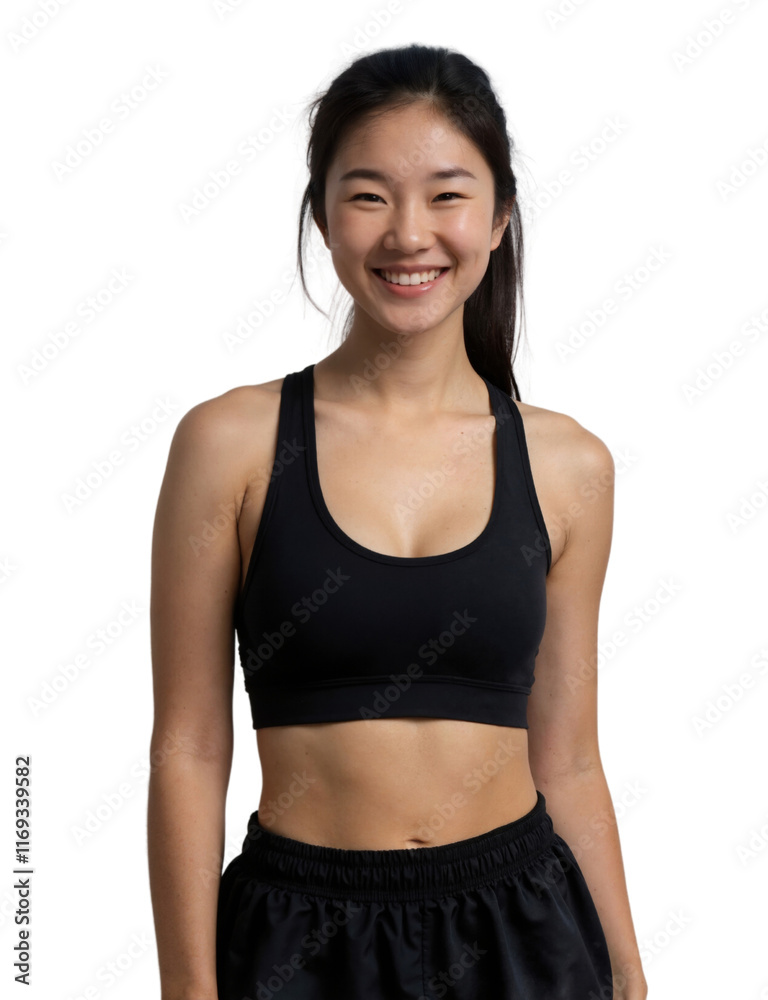 A smiling Asian woman with long hair in a ponytail, wearing a black sports bra, stands against a plain white background. A smiling Asian woman with long hair in a ponytail, wearing a black sports bra, stands against a plain white background.