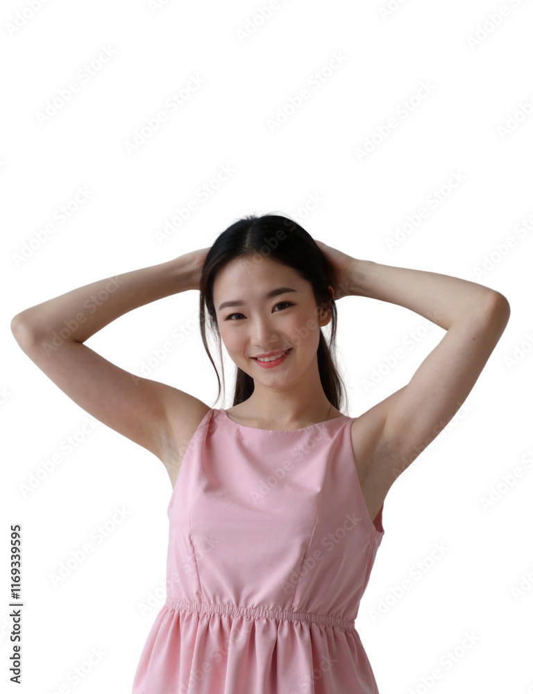 A young Asian woman with long black hair smiles, wearing a sleeveless pink dress, posing against a plain white background. A young Asian woman with long black hair smiles, wearing a sleeveless pink dress, posing against a plain white background.