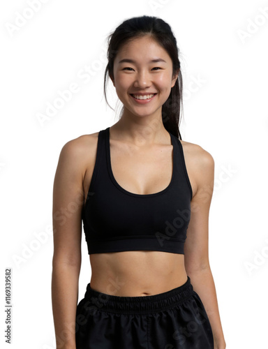A smiling Asian woman with long hair in a ponytail, wearing a black sports bra, stands against a plain white background.