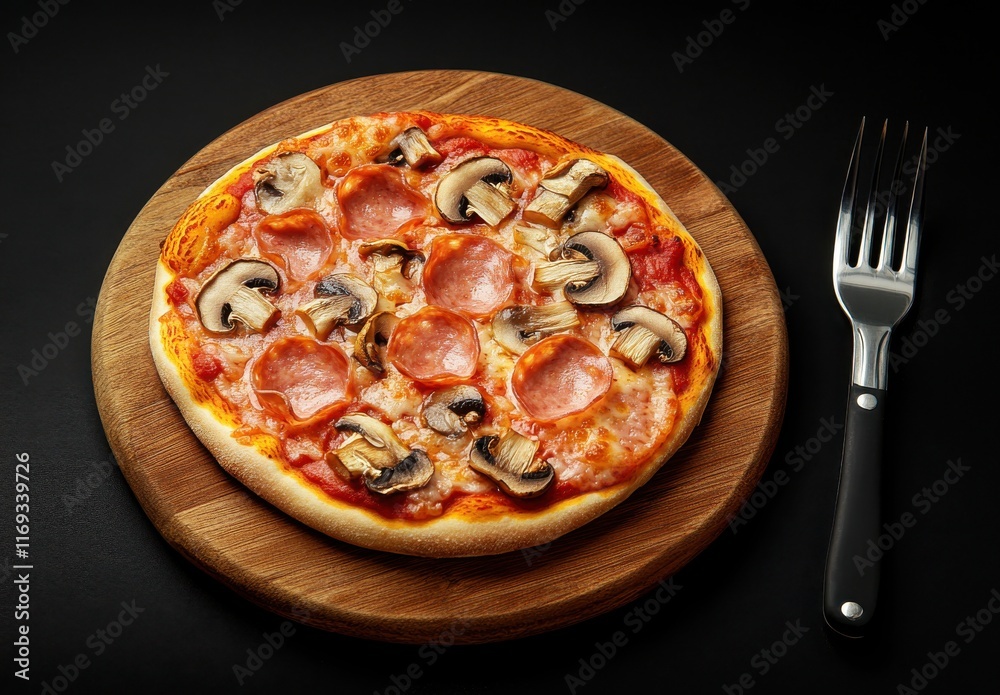Deliciously Baked Pizza On Wooden Board With Sliced Mushrooms And Pepperoni Served With Fork Against Black Background Deliciously Baked Pizza On Wooden Board With Sliced Mushrooms And Pepperoni Served With Fork Against Black Background