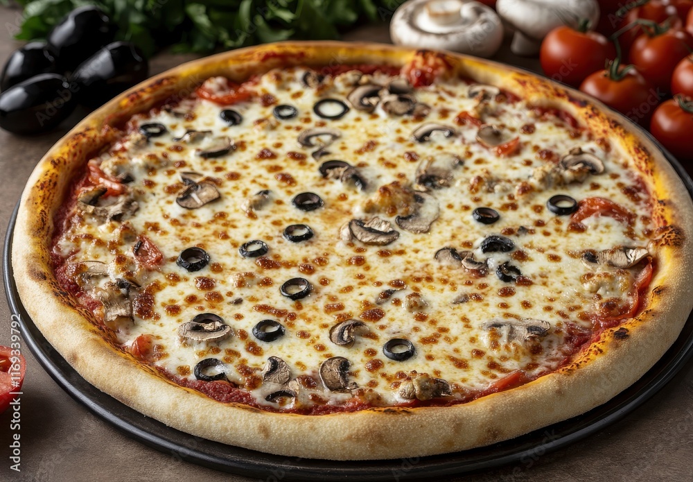 Deliciously Baked Pizza Topped with Cheese, Mushrooms, Black Olives, and Fresh Tomatoes on a Rustic Table Surrounded by Ingredients for a Perfect Meal Deliciously Baked Pizza Topped with Cheese, Mushrooms, Black Olives, and Fresh Tomatoes on a Rustic Table Surrounded by Ingredients for a Perfect Meal