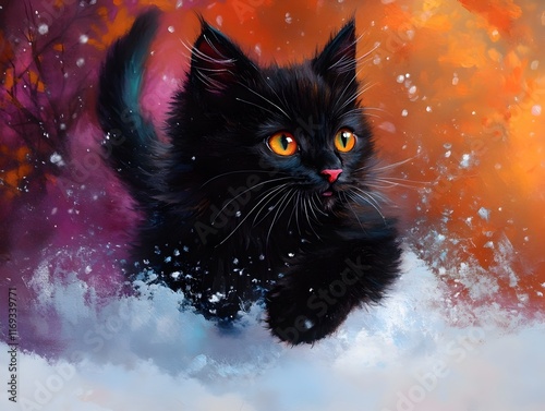 Playful cat pouncing through the powdery white snow on a crisp festive morning with a mischievous glint in its eyes and a fluffy tail raised high captured in a vibrant